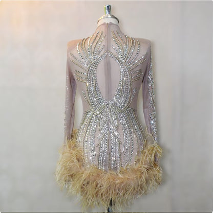 Luxury Beaded Crystal Feather Mini Dress