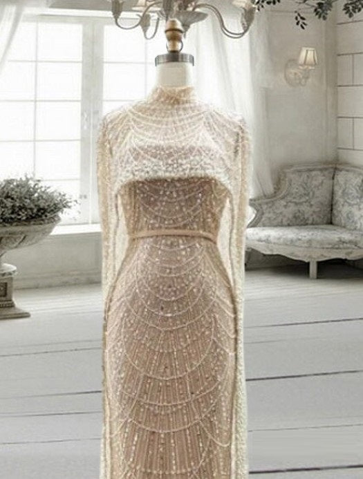 Luxury Pearls Dubai Champagne Evening Dresses with Cape New Arabic Women Mermaid Wedding Party Prom Dress