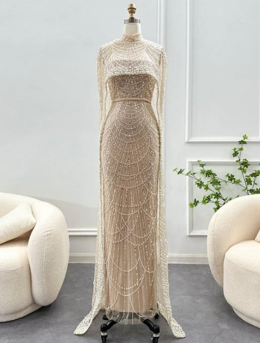 Luxury Pearls Dubai Champagne Evening Dresses with Cape New Arabic Women Mermaid Wedding Party Prom Dress