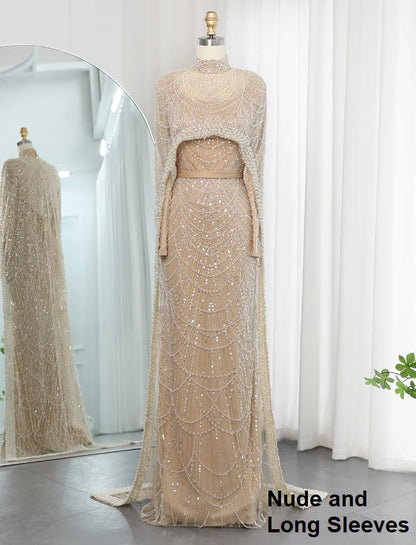 Luxury Pearls Dubai Champagne Evening Dresses with Cape New Arabic Women Mermaid Wedding Party Prom Dress