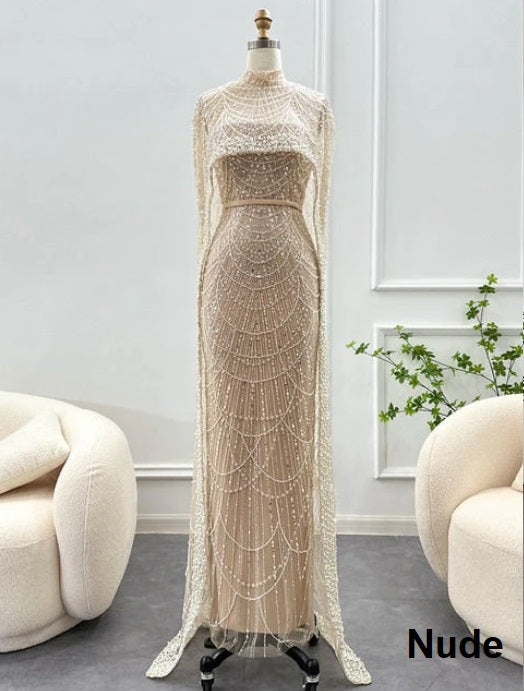 Luxury Pearls Dubai Champagne Evening Dresses with Cape New Arabic Women Mermaid Wedding Party Prom Dress