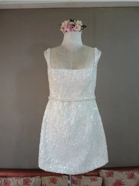 MARAYA Bride Sleeveless Square Neck A-Line Style, Sequin embroidered, Mermaid Style, Hen party, Back siper and V shape.