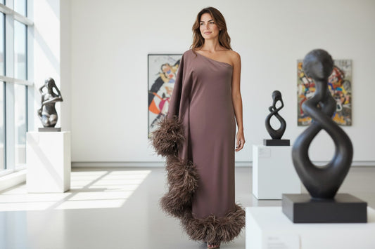 MARAYA Brown One-Shoulder Maxi Slit Feather Dress