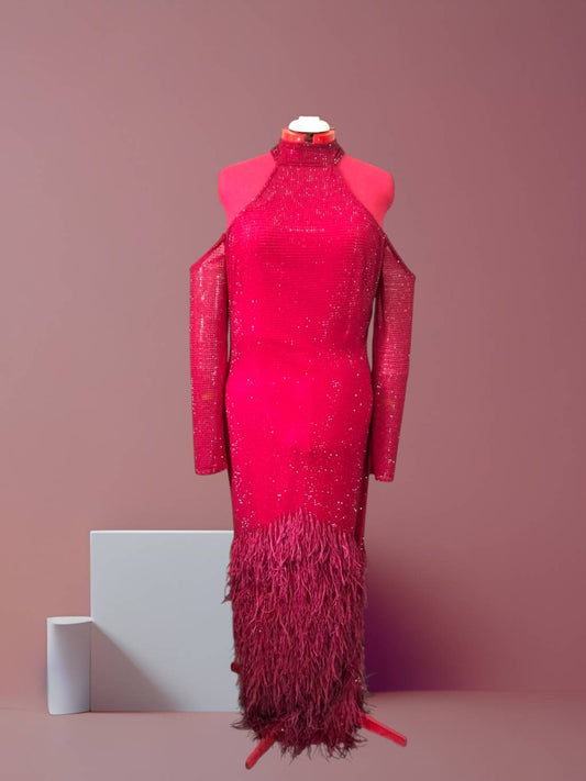 MARAYA Crimson Elegance Feather Rhinestone Dress - Cold Shoulder Long Sleeve