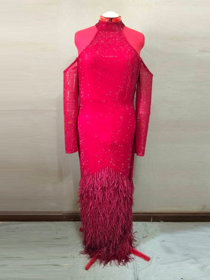 MARAYA Crimson Elegance Feather Rhinestone Dress - Cold Shoulder Long Sleeve