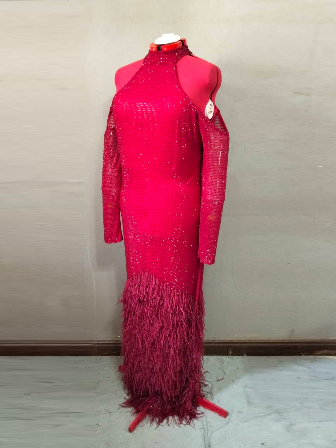 MARAYA Crimson Elegance Feather Rhinestone Dress - Cold Shoulder Long Sleeve