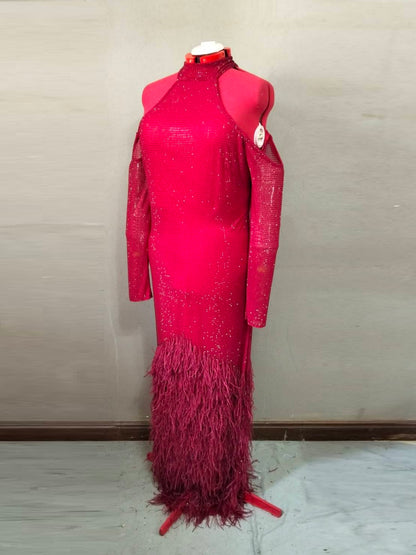 MARAYA Crimson Elegance Feather Rhinestone Dress - Cold Shoulder Long Sleeve