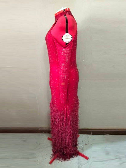 MARAYA Crimson Elegance Feather Rhinestone Dress - Cold Shoulder Long Sleeve