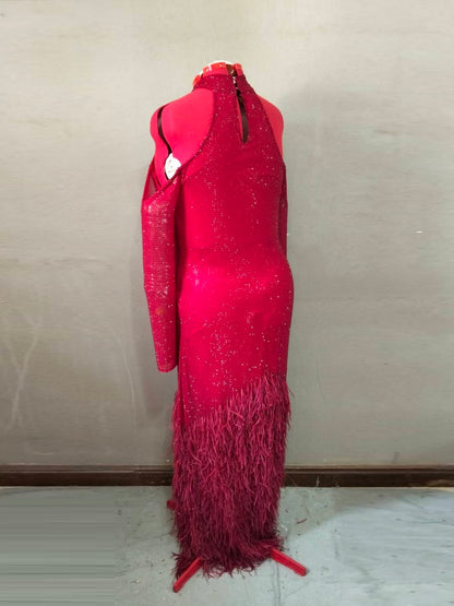 MARAYA Crimson Elegance Feather Rhinestone Dress - Cold Shoulder Long Sleeve
