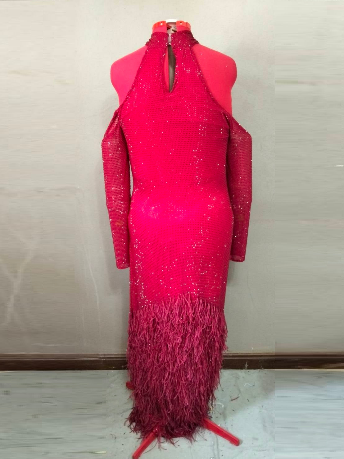 MARAYA Crimson Elegance Feather Rhinestone Dress - Cold Shoulder Long Sleeve