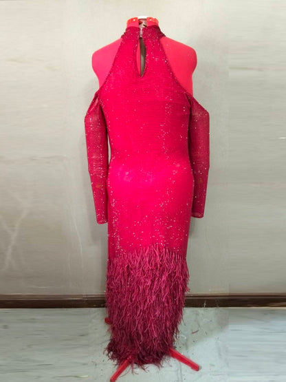 MARAYA Crimson Elegance Feather Rhinestone Dress - Cold Shoulder Long Sleeve