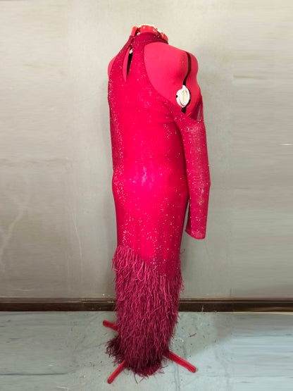 MARAYA Crimson Elegance Feather Rhinestone Dress - Cold Shoulder Long Sleeve