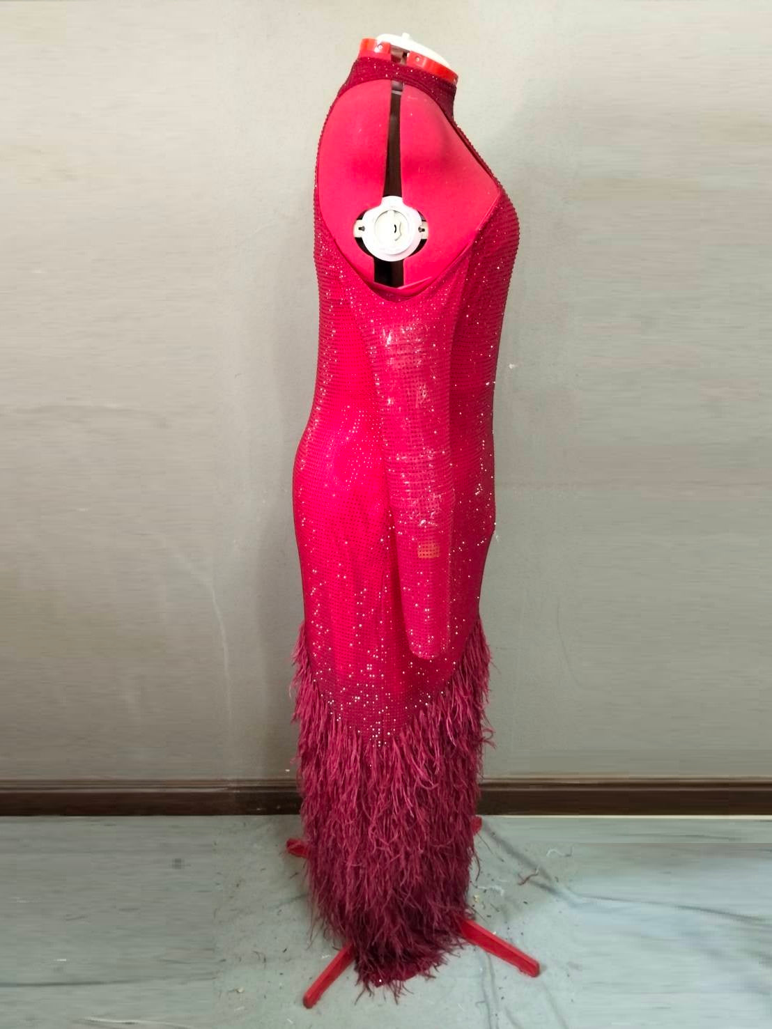 MARAYA Crimson Elegance Feather Rhinestone Dress - Cold Shoulder Long Sleeve