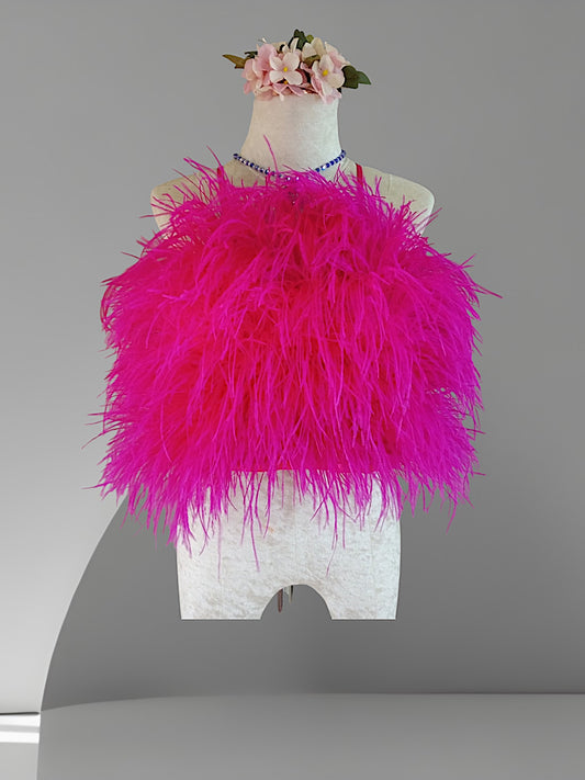 MARAYA Fuchsia Crop Top Feather Trim