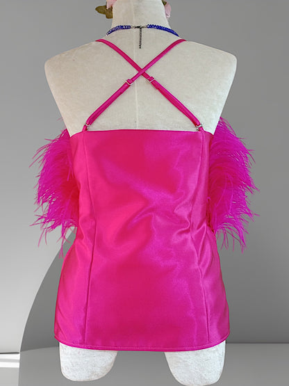 MARAYA Fuchsia Crop Top Feather Trim