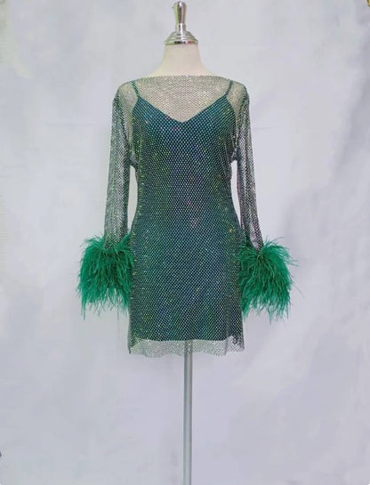 MARAYA Green Rhinestone mesh Long Sleeve Mini Dress With Slip dress