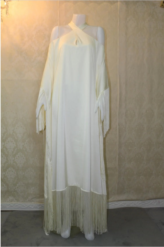 MARAYA Ivory Kaftan Fringe Trim  Maxi dress