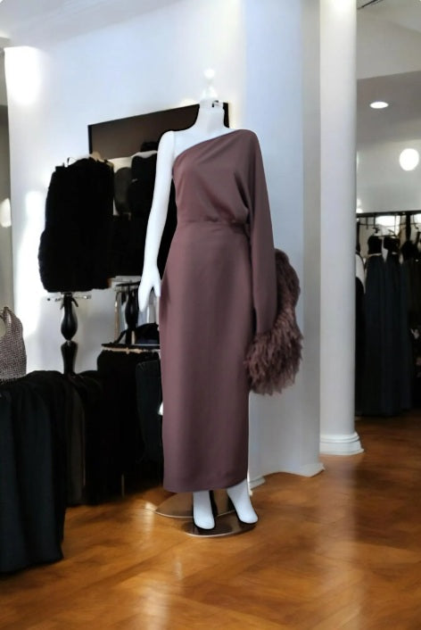MARAYA One-Shoulder Brown Waist Jump Maxi Slit Feather Dress