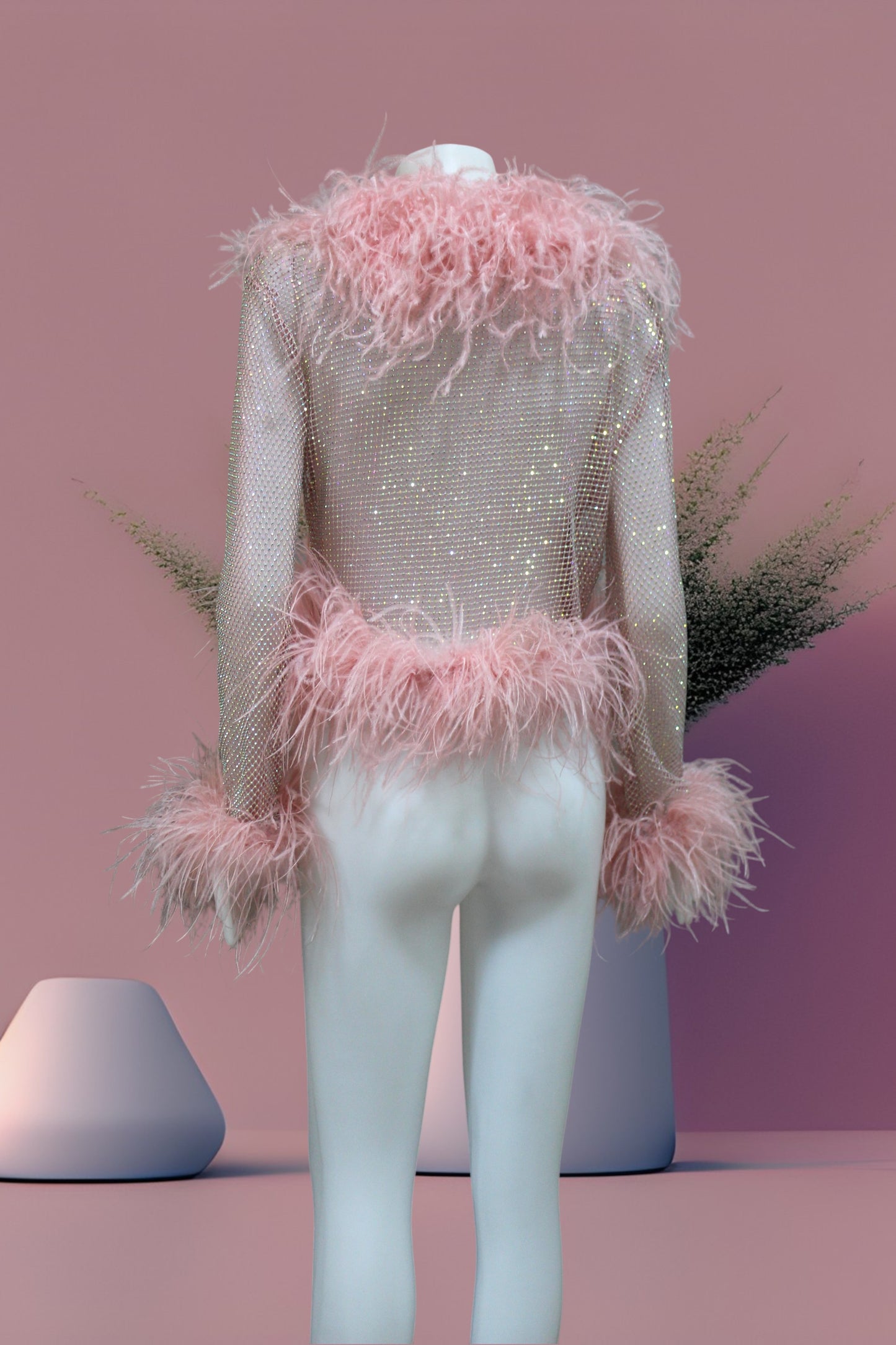 MARAYA Shrimp Pink Rhinestone Boleros Feather