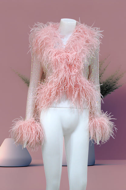 MARAYA Shrimp Pink Rhinestone Boleros Feather