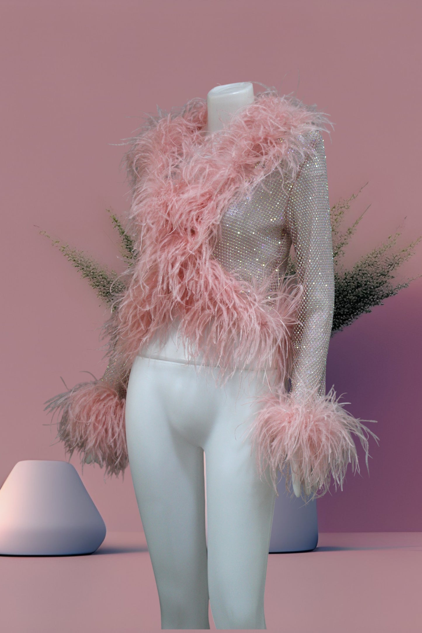 MARAYA Shrimp Pink Rhinestone Boleros Feather