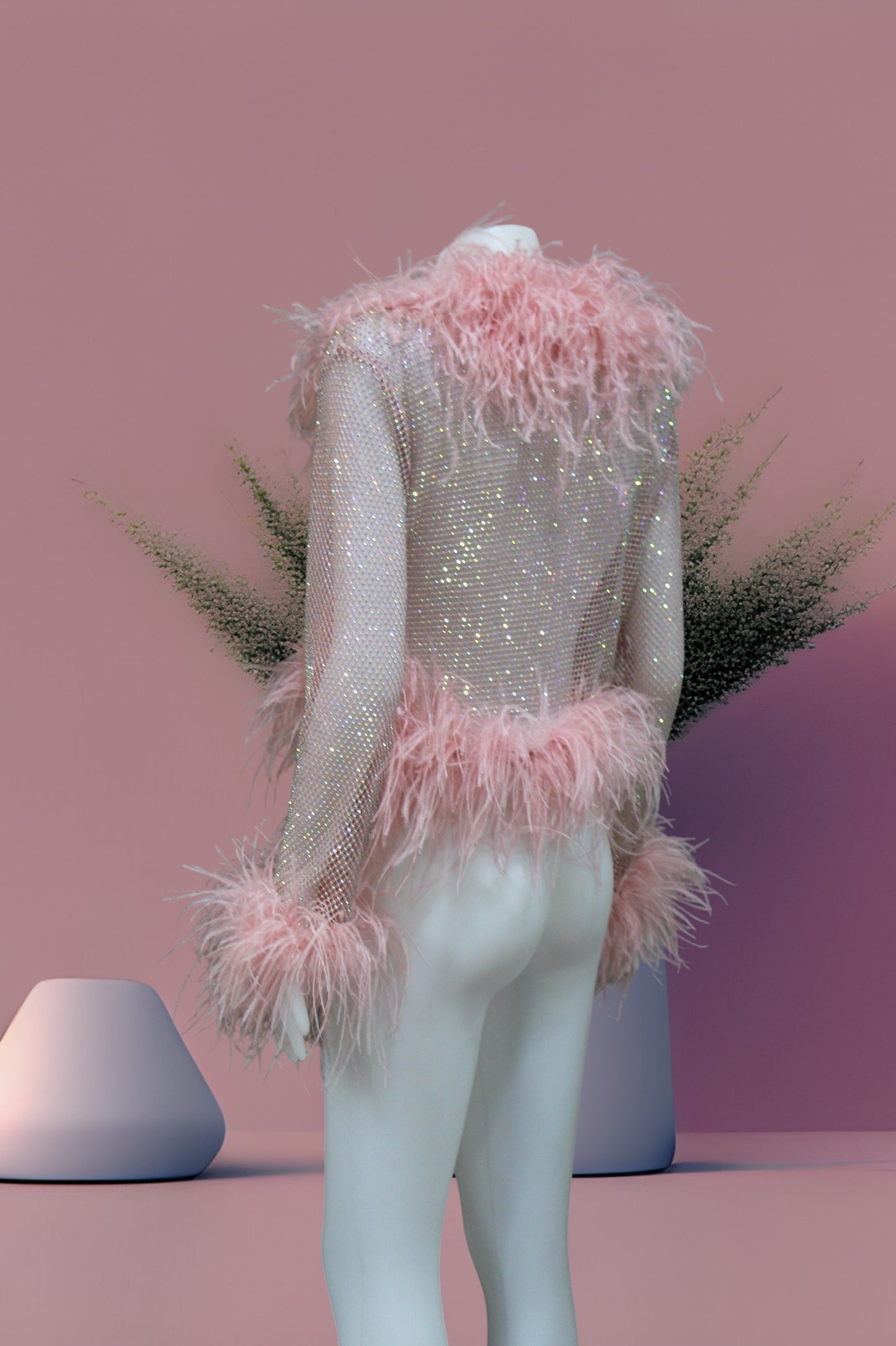 MARAYA Shrimp Pink Rhinestone Boleros Feather