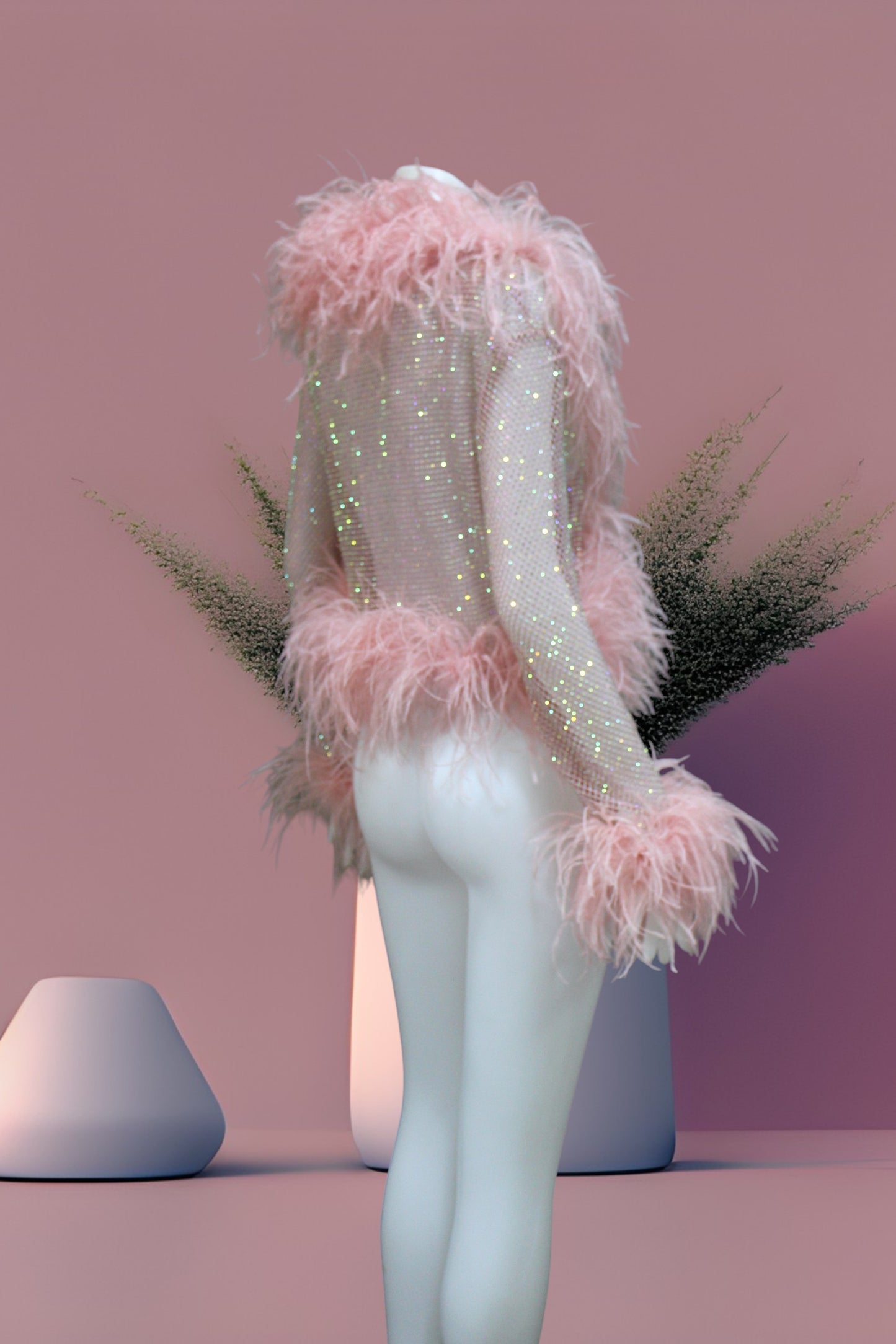 MARAYA Shrimp Pink Rhinestone Boleros Feather
