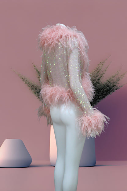 MARAYA Shrimp Pink Rhinestone Boleros Feather