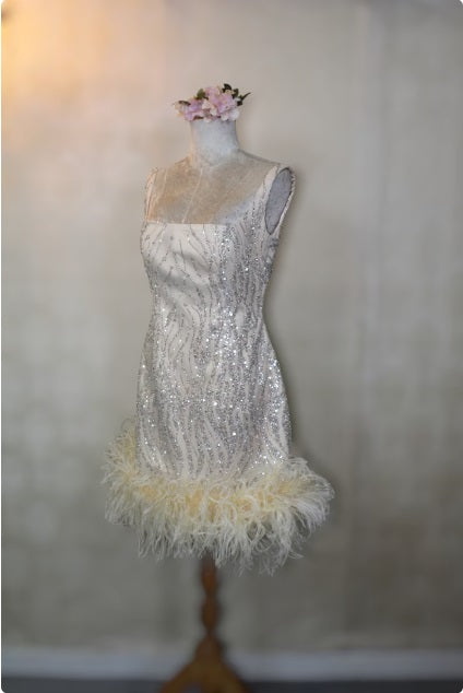 MARAYA Square Neck Nude Sequin Wedding Mini Dress