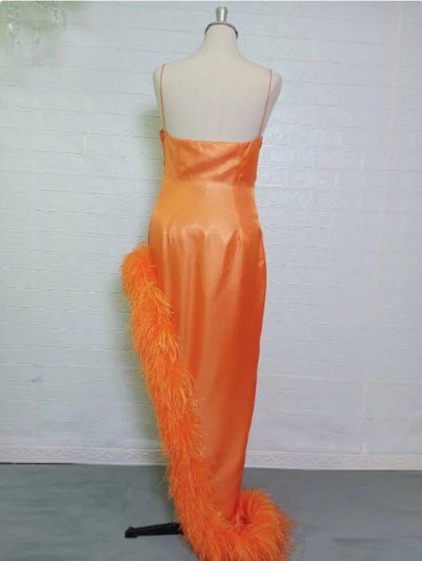 MARAYA Asymmetric feather sparkler-fabric gown.