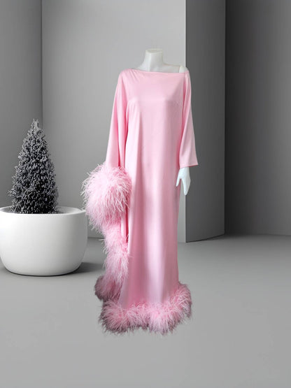 MARAYA Baby Pink Asymmetrical boat neck maxi Feather dress
