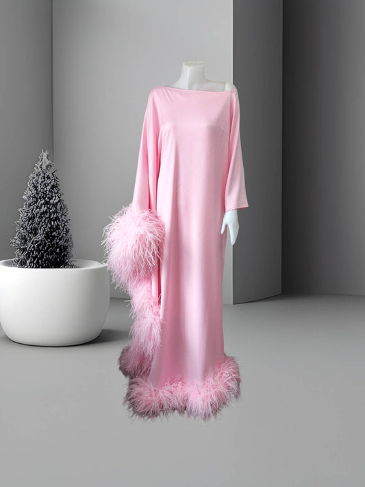 MARAYA Baby Pink Asymmetrical boat neck maxi Feather dress