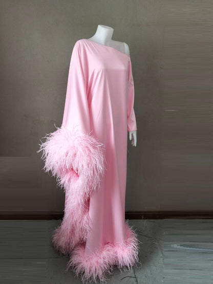 MARAYA Baby Pink Asymmetrical boat neck maxi Feather dress