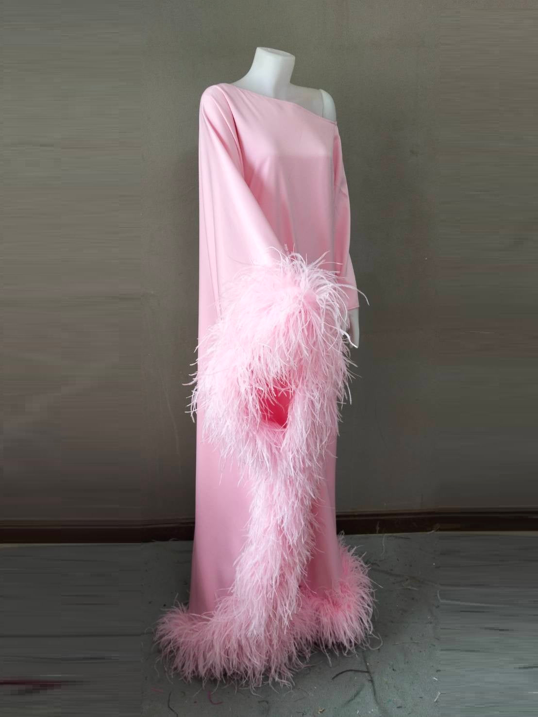 MARAYA Baby Pink Asymmetrical boat neck maxi Feather dress