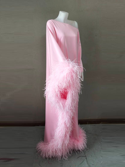 MARAYA Baby Pink Asymmetrical boat neck maxi Feather dress