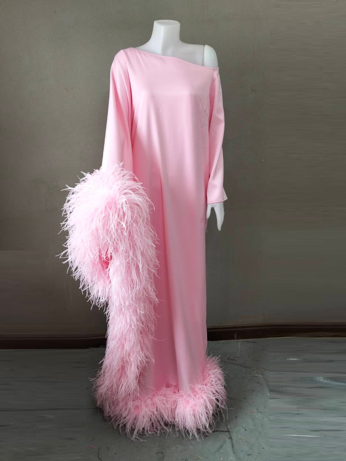 MARAYA Baby Pink Asymmetrical boat neck maxi Feather dress
