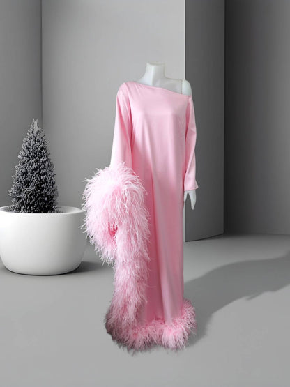 MARAYA Baby Pink Asymmetrical boat neck maxi Feather dress