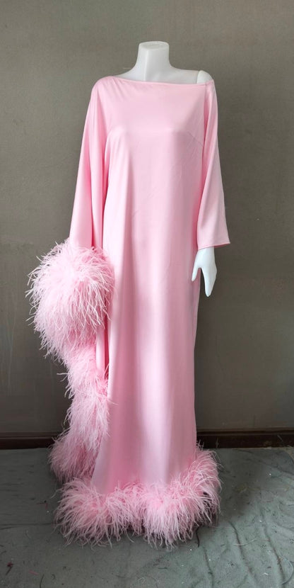 MARAYA Baby Pink Asymmetrical boat neck maxi Feather dress