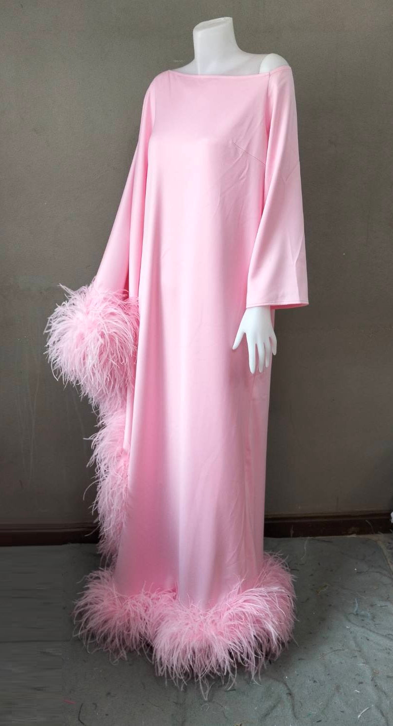 MARAYA Baby Pink Asymmetrical boat neck maxi Feather dress