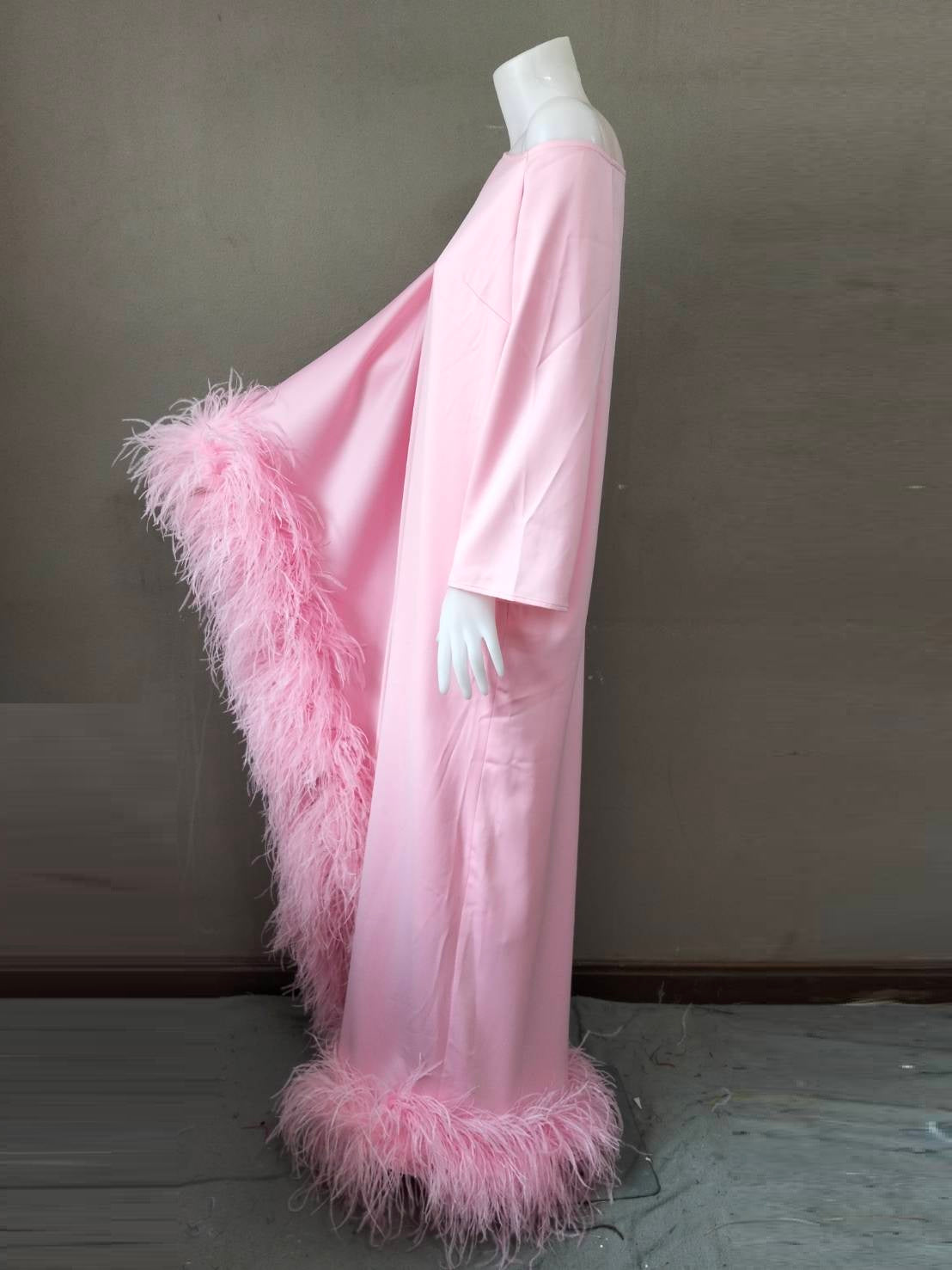 MARAYA Baby Pink Asymmetrical boat neck maxi Feather dress
