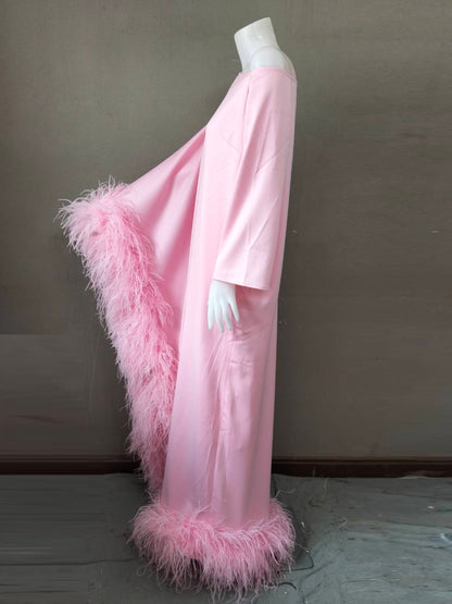 MARAYA Baby Pink Asymmetrical boat neck maxi Feather dress