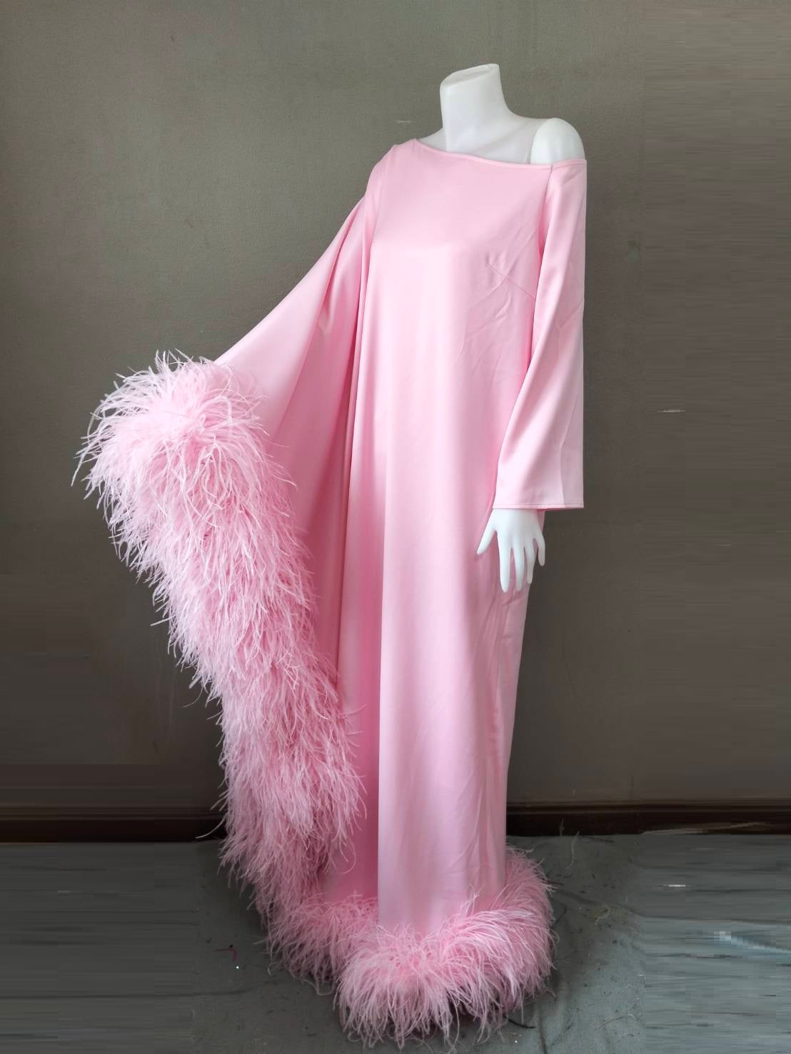 MARAYA Baby Pink Asymmetrical boat neck maxi Feather dress