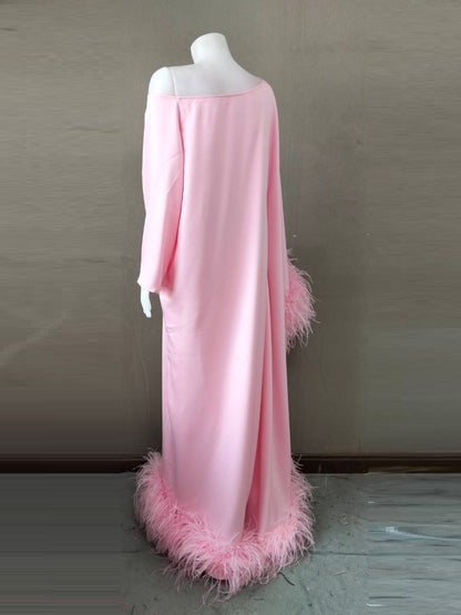 MARAYA Baby Pink Asymmetrical boat neck maxi Feather dress
