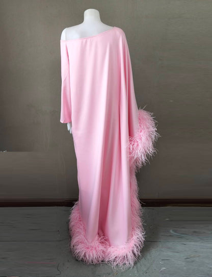 MARAYA Baby Pink Asymmetrical boat neck maxi Feather dress