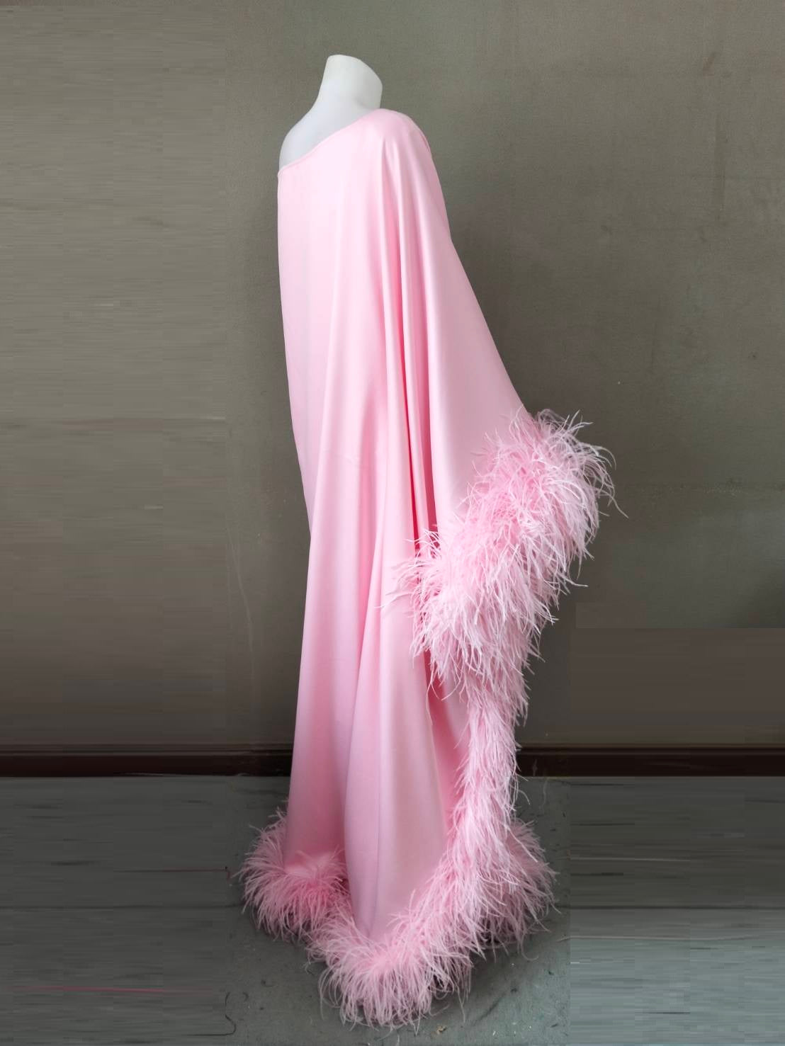 MARAYA Baby Pink Asymmetrical boat neck maxi Feather dress