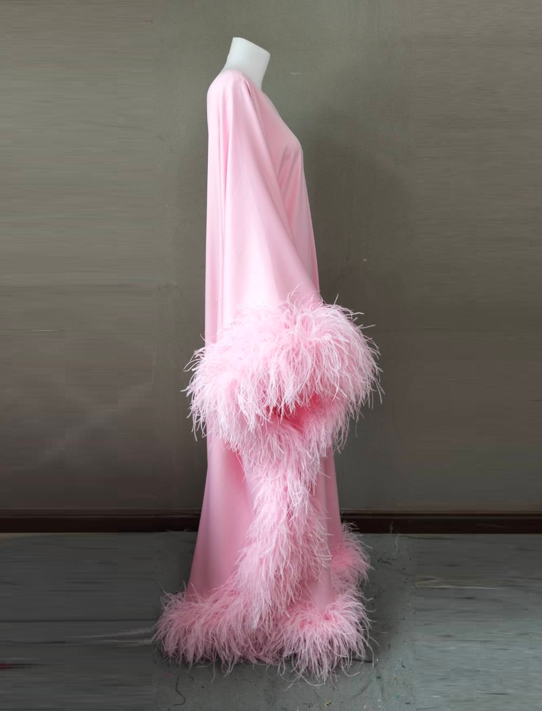 MARAYA Baby Pink Asymmetrical boat neck maxi Feather dress