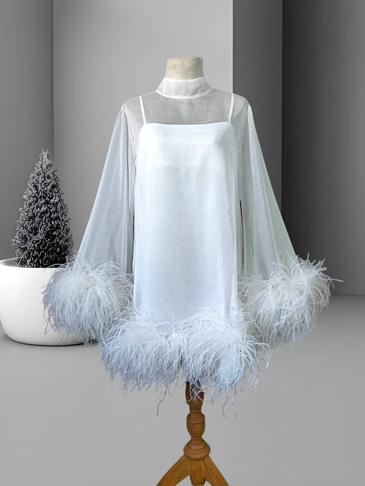 MARAYA Bell Long sleeve mini Feather dress