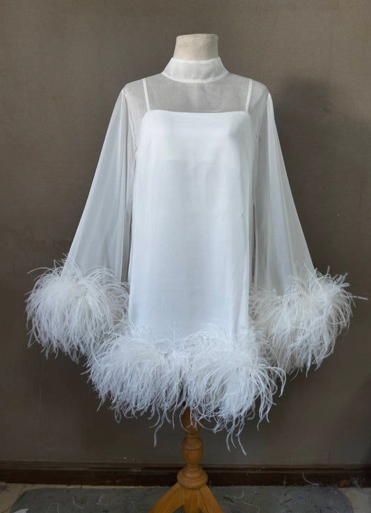 MARAYA Bell Long sleeve mini Feather dress