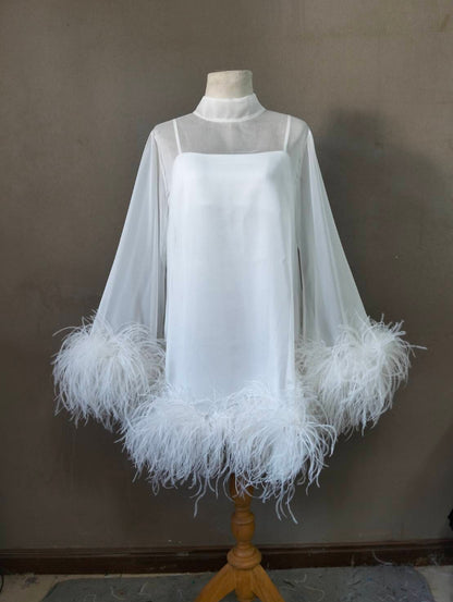 MARAYA Bell Long sleeve mini Feather dress