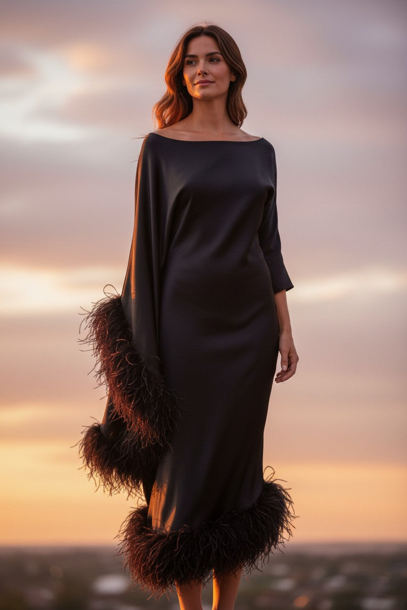 MARAYA Black Asymmetrical boat neck maxi Feather dress